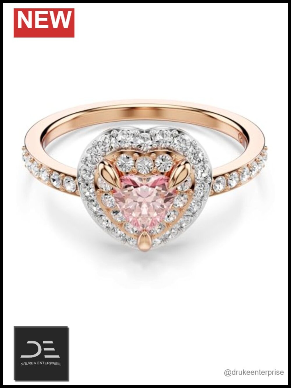 Swarovski Crystal Band Ring, Heart Motif, Pavé, Pink & Clear, Modern